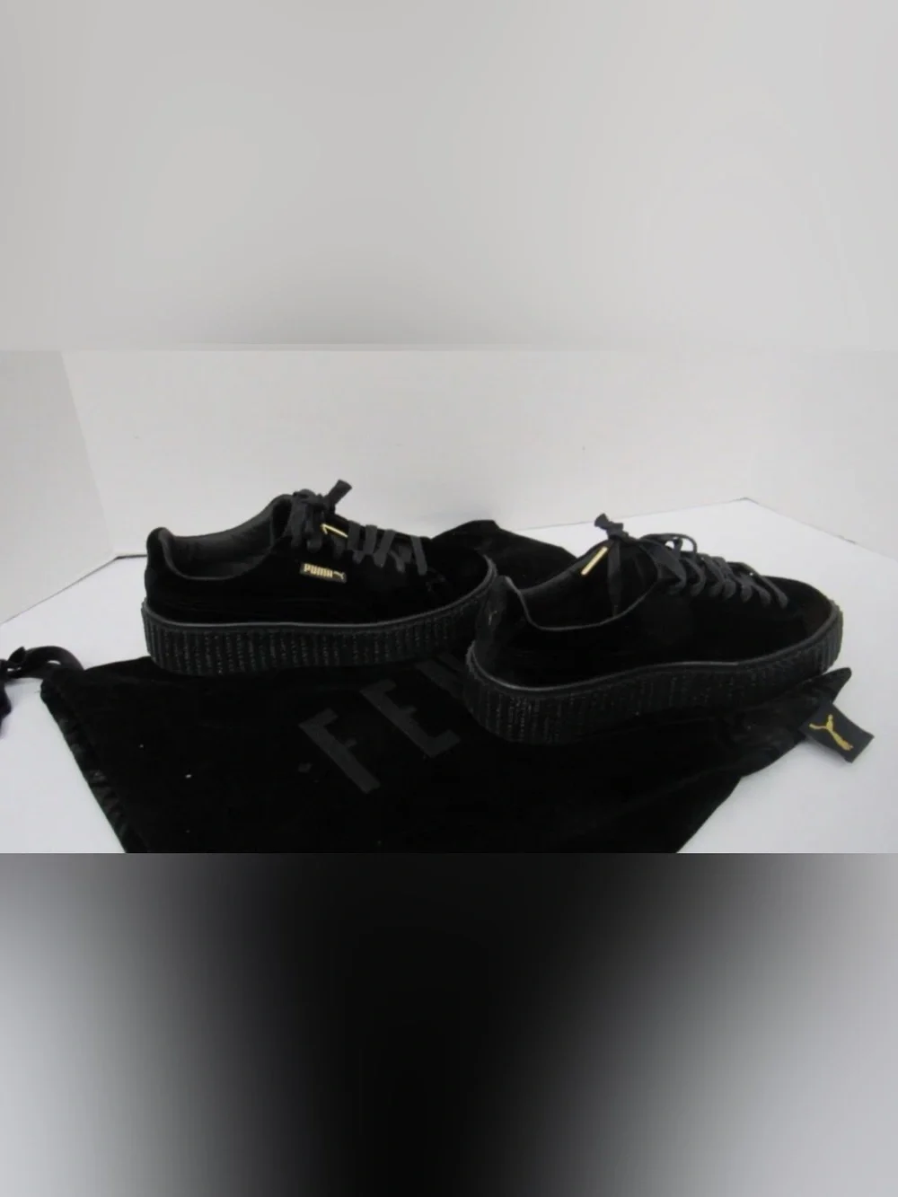Rihanna Men’s Black Velvet Platform Sneakers with Gold Accents